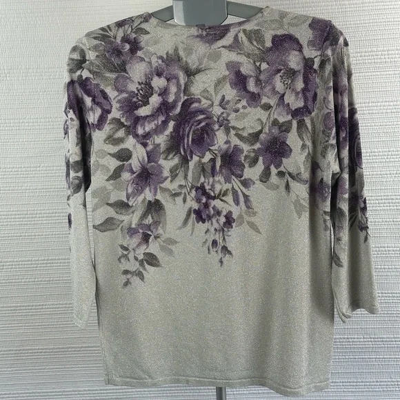 Women’s Floral Glitter Knit Top with Embellished Neckline - Purple/Gray - Picture 13 of 16